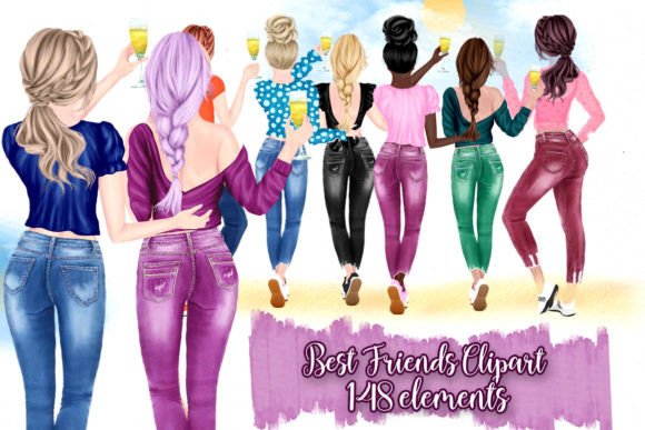 Best Friends Clipart: Hand-Painted Watercolor Girls in Jeans & Trainers