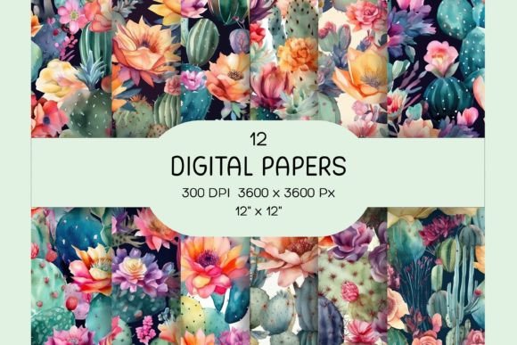 Seamless Cactus Digital Papers: 12 Multi-Color Floral Designs